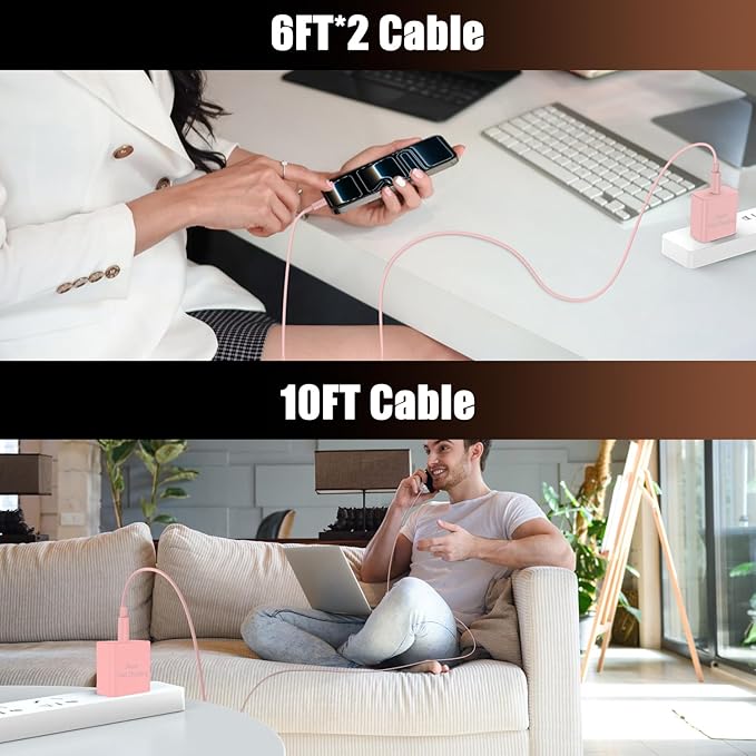 iPhone 17 16 Pro Max Charger Fast Charging, Super Fast USB C Chargers for iPhone 17(6FT+6FT+10FT) Type C Chargers Cord with Fast Charger Block for iPhone 17/16/15 Series/iPad/ GalaxyS26/S25/S24 Pink