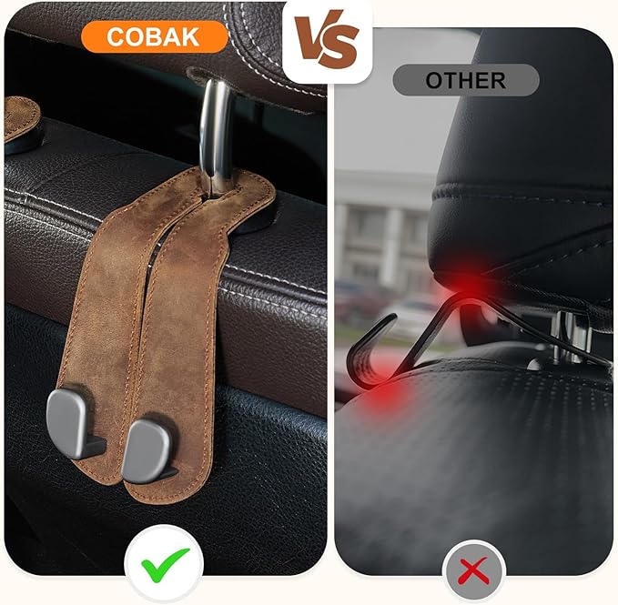 CoBak Genuine Leather Purse Hook for Car - Universal Premium Stitched Leather and Aluminum-Magnesium Alloy Double Car Seat Back Storage Hook for Purses, Handbags, Bags (2 Pack),Leather Brown
