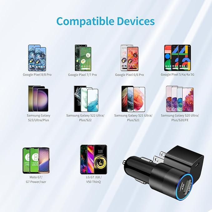 USB C Fast Charger Kits for Google Pixel 10 Pro XL/10/9 Pro Fold/8/7/7 Pro, Samsung S26/S25+, Looptimo 48W PD&QC 3.0 Car Cigarette Lighter Adapter + 20W Wall Charger Block + 2 Pack Type C Cable 3.3ft