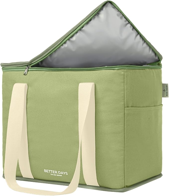 Nook Theory Reusable Insulated Grocery Bag - Leak Proof, X Large Cooler Bag - Insulated Shopping Bags for Groceries - Travel Cooler Bag for Frozen and Hot Food with Zippered Top (Sage)