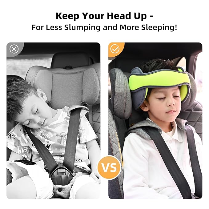 Child Car Seat Head Support Band, Adjustable Child Head Band Strap Headrest for Kids, Breathable, Safety Head & Neck Pillow Support - A Comfortable Sleep Solution, Grey & Fluorescent Green