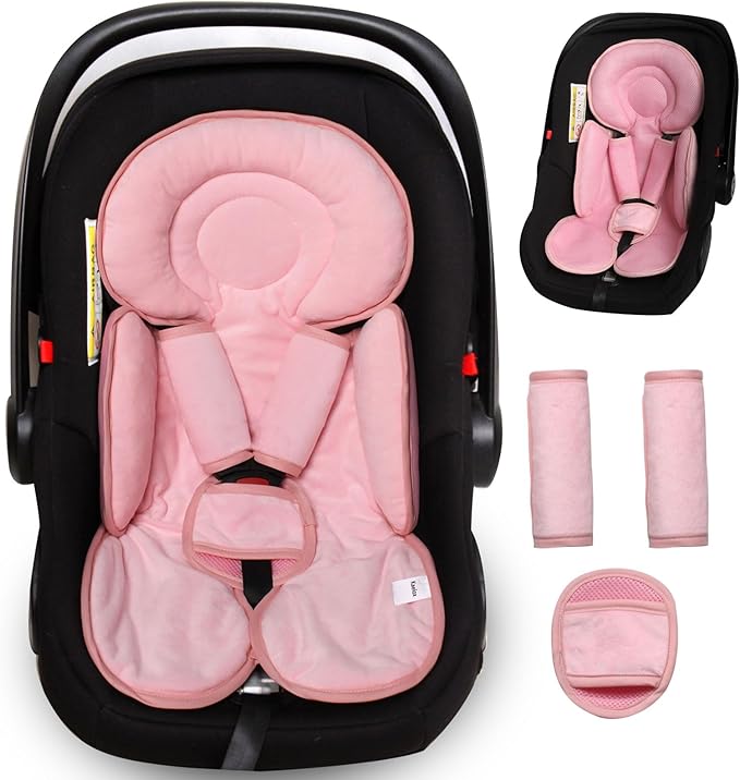 Infant Car Seat Insert for Newborn Girls Boys, 3 in 1 Reversible Cushion for Carseat with Strap Pads Buckle Cover Extra Soft Carseat Support Pad for All Season, Pink