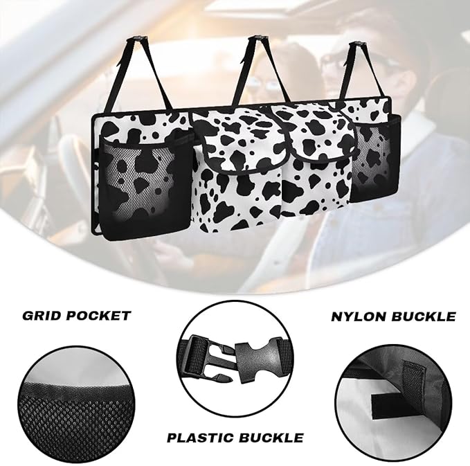 Black Cow Spots Auto Hanging Seat Back Storage Car Organizer Large Capacity Collapsible Cargo Bag,Sturdy Space Saving Expert