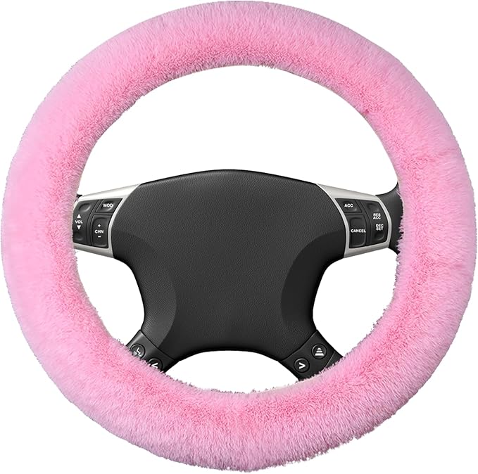 Wuyaoyao Fuzzy Car Steering Wheel Cover, 15'' Soft Auto Steering Wheel Protector for Warm Winter, Elastic Anti-Slip Fluffy Wheel Covers, Universal Car Accessories for Women and Men (Pink)