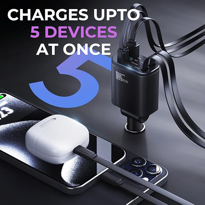 【Upgraded】 Retractable Car Charger 5 in 1 Fast Car Phone Charger | 2 Retractable Cords (Type-C & iOS) with Additional 3 Ports | Charge 5 Devices | Compatible with iPhone & Android Models