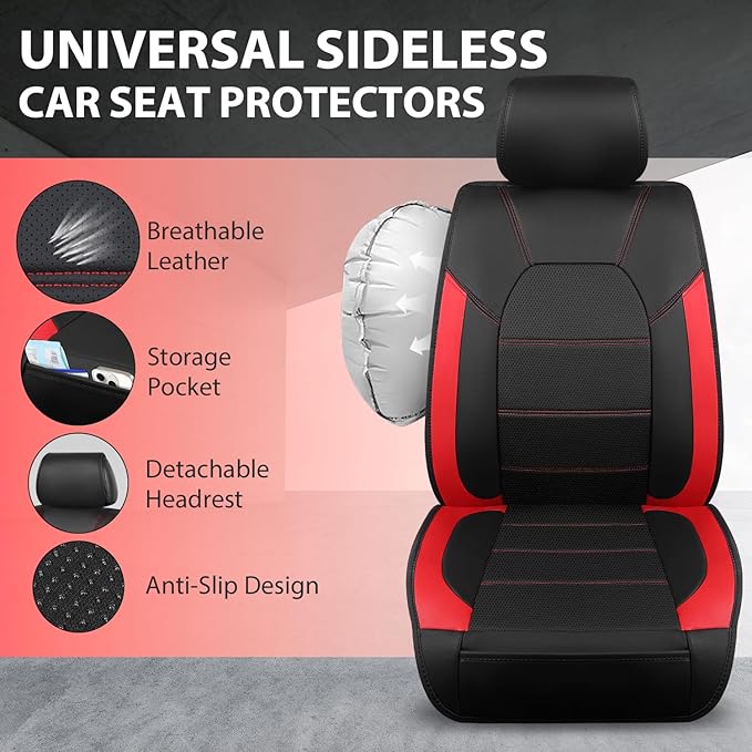 CAR PASS 5 Seats Leather Car Seat Covers, Sideless Car Seat Protectors with Storage Pocket, Water Resistance Seat Cover, Universal Fit Most Cars, SUVs, Trucks and Vans (Full Set,Black and Red)