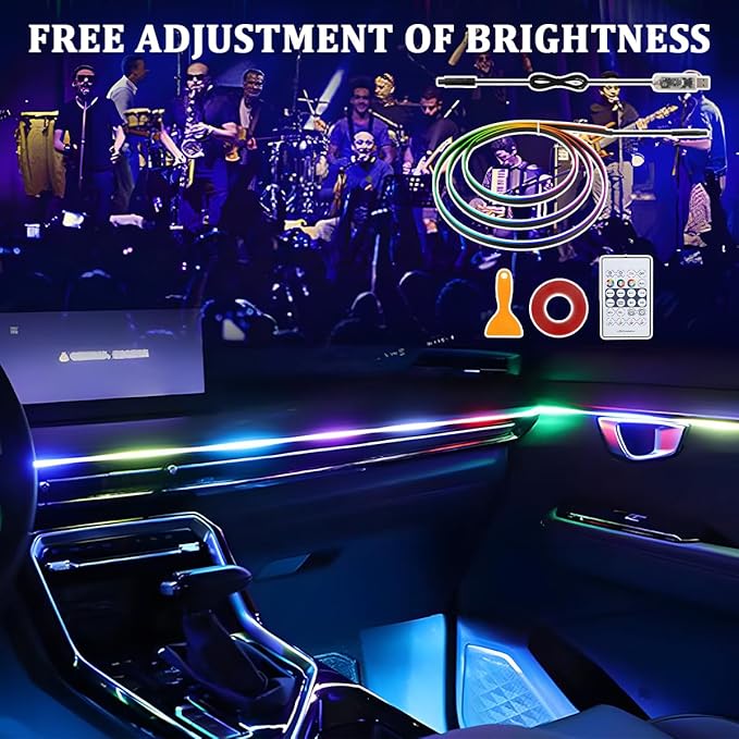 Car Interior Ambient LED Light with APP & Remote Control, 43.3" Music Mode Fiber Optic USB Powered Acrylic Atmosphere Lamp Strip, Flexible RGB Auto Inside Neon Light Kit, Universal Fit