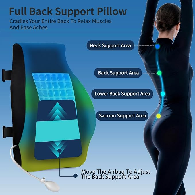 Adjustable Airbag Lumbar Support Pillow with Cooling Gel - Customizable Support for Upper Lower Back Pain Relief, Improves Posture, Memory Foam Back Cushion for Office Chair, Car/Truck Seat, Couch