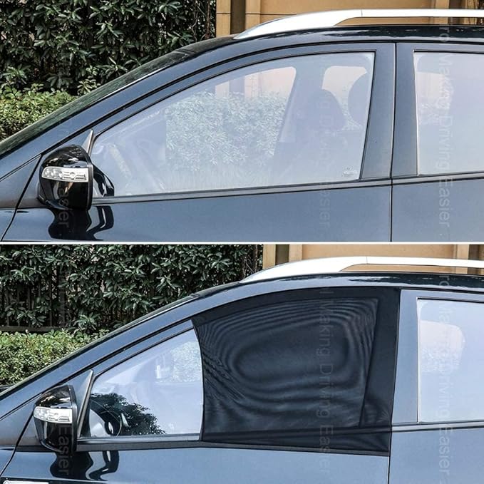 Car Front Window Sun Shade - 2 Pack Breathable Mesh Side Window Shade Sunshade UV Protection for Driver Family Pet on Front seat, Curtain with Two Holes to See Rearview Mirror, Size M
