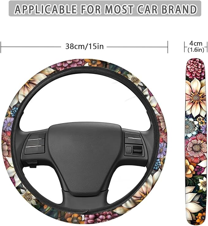 AFPANQZ Boho Flower Pattern Auto Steering Wheel Covers Sweat Absorption Comfort Grip Anti-Slip Safety Stretch-on 14-15 inch Easy Fix Machine Washable Steering Wheel Protection