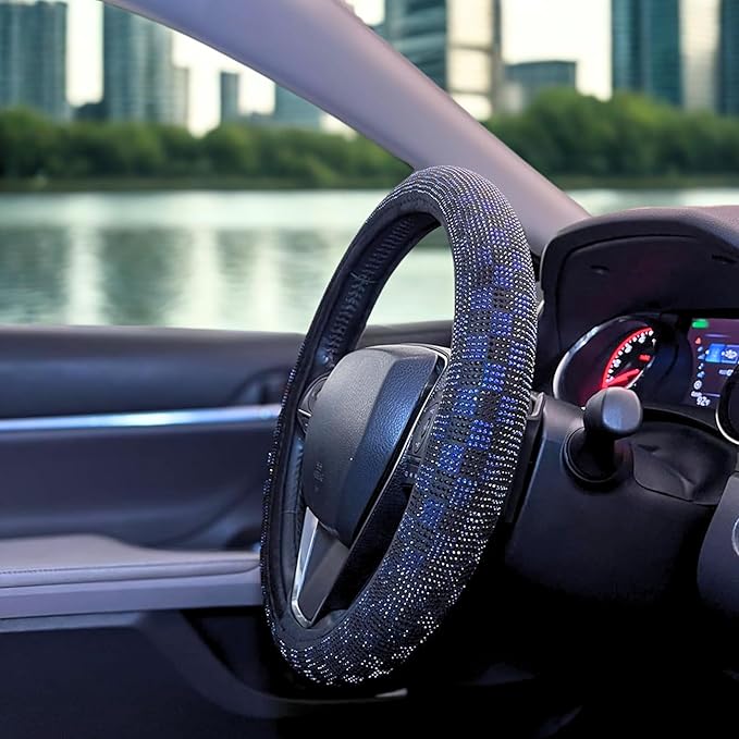 Lord AutoFashion Luxury Universal Steering Wheel Cover 15 Inch Rhinestone Crystals Velour Anti-Slip for Women Girls Men Boys Car Accessory Bling Diamonds (Black/Blue JX08)