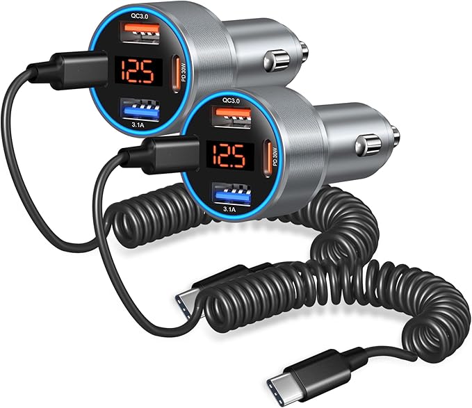 65W 4-Port Super Fast Type C Car Charger USB C for Galaxy S25 S24 S23 Ultra S22 A16 A53 A54 PD/QC3.0 Android Car Phone Charger with Voltage Display Cigarette Lighter Adapter+5FT Type C Coiled Cable