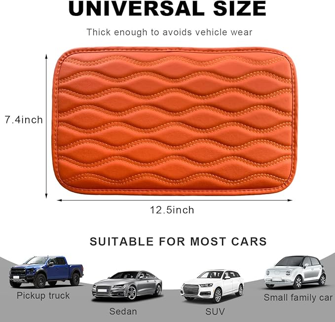 Car Center Console Cushion Pad, 12.48×7.40 Inches Waterproof Car Armrest Seat Box Cover, Comfortable PU Leather Vehicle Armrest Cover Protector, Car Decor Interior Accessories (Orange)