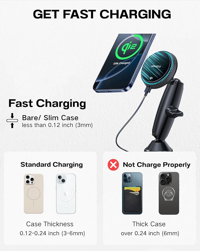 APPS2Car Upgraded for QI2 Magsafe Cup Holder Charger, Car Mount Charger 15W Fast Charging, Wireless Magnetic Cell Phone Stand with Tri-Pivot Arm for iPhone 17 Air Pro Max Plus 16 15 14 13 12