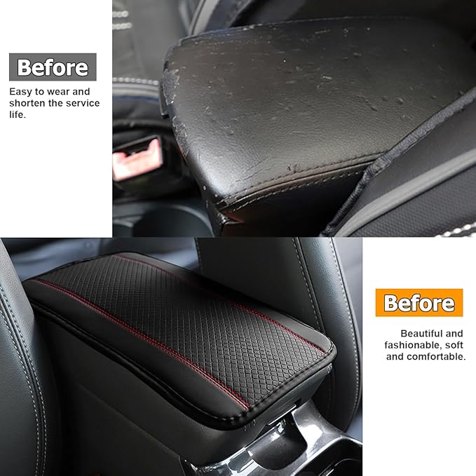 Car Armrest Seat Box Cover, Comfortable Leather Automotive Center Console Cushion Pad, Soft Waterproof Vehicle Arm Rest Protector Mat Accessories, Universal for RV, SUV, Truck (Black/Red)