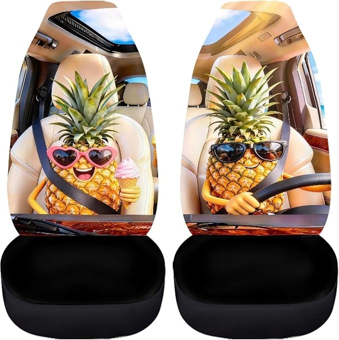 Pineapple Car Seat Covers Set of 2 Funny Breathable Front Seat Covers Stretch Polyester Fabric Cover Removable Automotive Accessories Universal Fit for Cars SUV Sedans