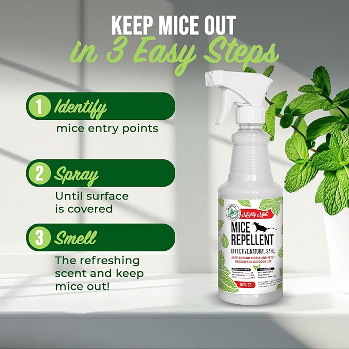 Mighty Mint Peppermint Oil Mouse Repellent Spray – Natural Indoor & Outdoor Control for Mice and Rodents – Plant-Based, Extra-Strong Formula - 16 oz