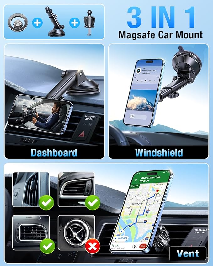 Romuto for MagSafe Car Mount【Strongest Magnet】 Magnetic Phone Holders for Your Car Dashboard Wind Vent Cell Phone Holder【360° Rotation】 Suction Car Mount for iPhone 16 15 14 13 12