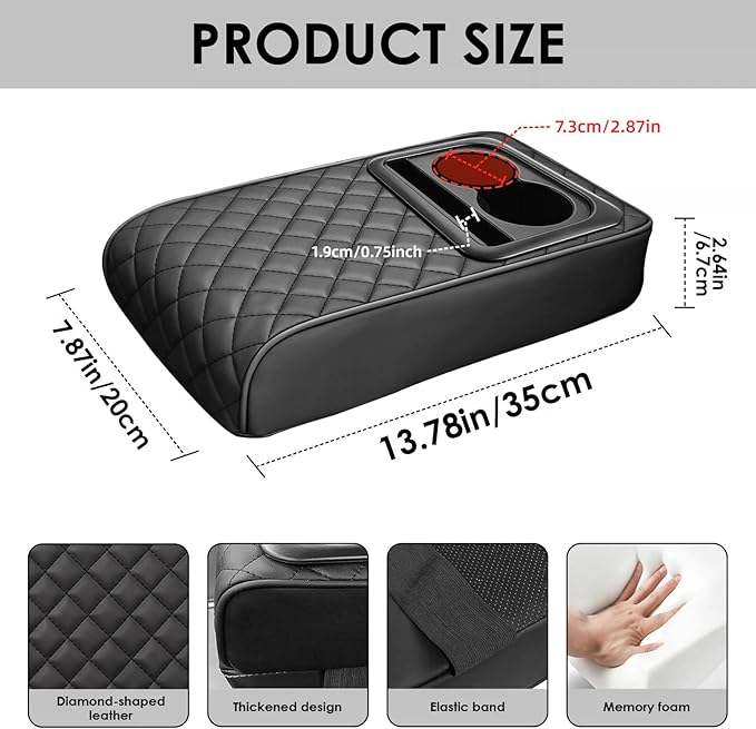 Car Center Console Cover, Leather Car Armrest Cover with Cup Holder, Phone Slot, Waterproof Arm Rest Protector Cushion Automotive Accessories (Black)