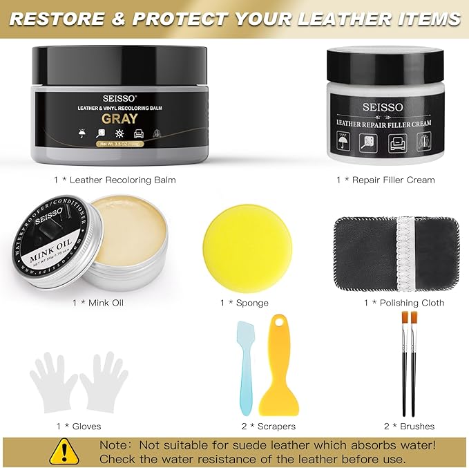 SEISSO Leather Repair Kit for Furniture, Gray Vinyl Repair Kit with Mink Oil Car Interior Leather Recoloring Balm for Scratches, Fading Shoes, Car Seat, Sofa