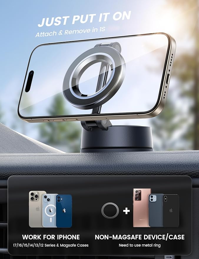 Lamicall for Magsafe Car Mount [70LBS Strongest Suction & Ultra Magnets] Phone Holders for Your Car, 360° Adjustable Suction Cup Phone Mount for Dashboard & Windshield Truck fit iPhone 17 Smartphone