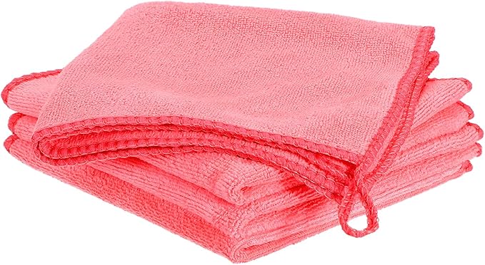 HARFINGTON 4 Pack Microfiber Cleaning Cloth, 12" x 12" Multi-Functional Cleaning Towels Reusable Absorbent Rags with Hook for Car Wash Kitchen Household Window Clean, Rose Red