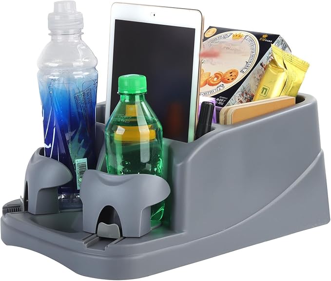 Big Plastic Console for Cars, Trucks, Minivans, SUVs with 2 Adjustable Drink Cup Holders pad Book Holder, Back Bench and Front Seat or Floor Middle Console Universal Vehicle Organizer Grey