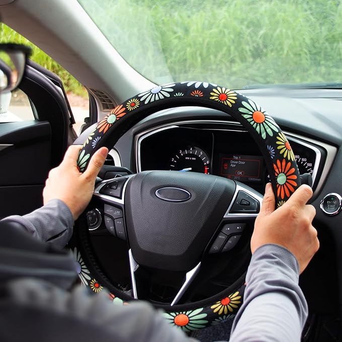Steering Wheel Cover for Women Boho Universal Steering Wheel Covers Protector Car Accessories for Car 15 inch (Sunflower)