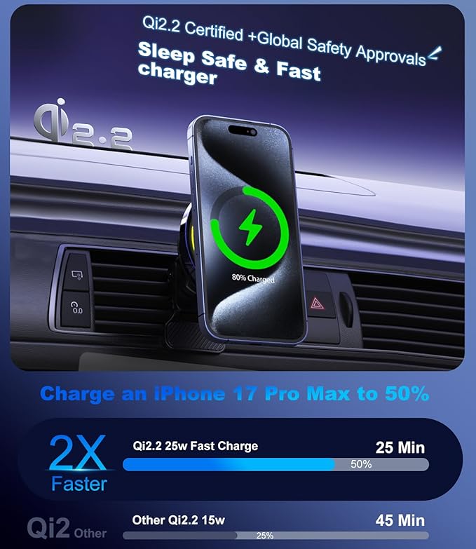 Koolehaoda Qi2.2 25W Car Mount Charger for MagSafe with TEC Cooling & Fan, Magnetic Wireless Charger Vent Phone Mount with 65W Car Adapter,Stable Fast Charger for iPhone 17-12 Series/Galaxy S26/S25