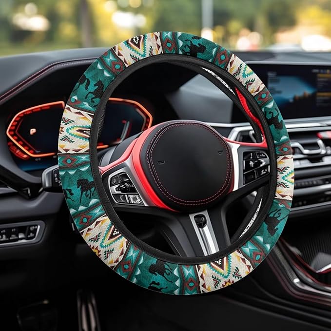 SEANATIVE Universal 15 inch Auto Car Steering Wheel Cover Aztec Tribal Horse Neoprene Car Steering Wheel Protector Cover fit Most Van Truck SUV
