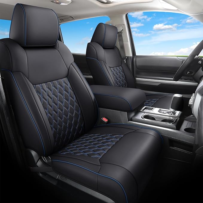 Huidasource Tacoma Front&Back Car Seat Covers, Automotive Seat Cushion Fit for 4th Gen Toyota Tacoma 2024-2026 Double&Crew Cab Trailhunter SR SR5 Limited TRD Sport/Off Road (Full Set/Black&Blue)