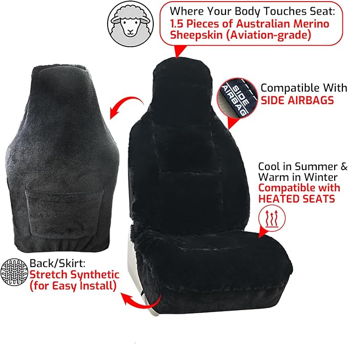 Aegis Cover Premium Australian Merino Sheepskin Car Seat Cover, Easy-Install Summer & Winter Universal Fit for SUV Truck Sedan Most Vehicles (FS-Black)