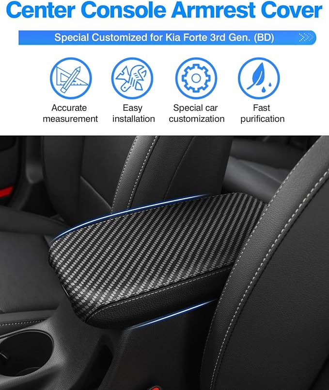 Autorder Center Console Cover for Kia Forte 2019-2024 Accessories Carbon Fiber Armrest Cover Anti-Scratch Middle Console Pad Leather Armrest Protector