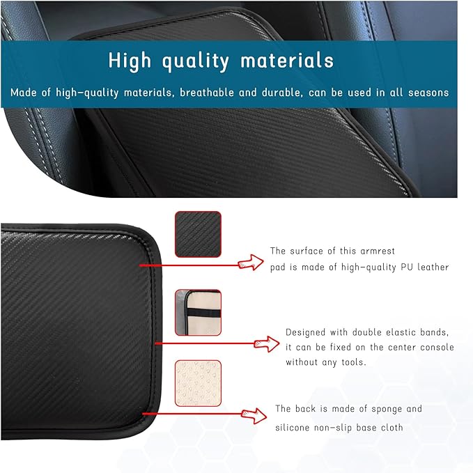 Car Center Console Cushion Pad, Universal Leather Waterproof Armrest Seat Box Cover, Comfortable Auto Armrest Cover Protector, Car Interior Decor Accessories for Most Vehicles (Carbon Fiber)