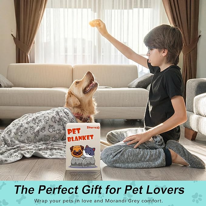 Stuffed Premium Soft Dog Blanket, with Flannel Grey Cute Paw Print, 43 * 66 inches Medium Large Size, Self Warming Cat Blanket Puppy Supplies Dog Products Stuff Essentials