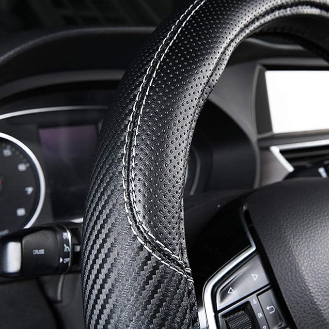 CAR-GRAND Carbon Fiber Steering Wheel Cover, Premium Breathable Leather Sporty Wheel Protection Interior Accessories Standard Size[14" 1/2-15"] Unviersal Fit for Truck SUV Sedans Vans, Black Leather