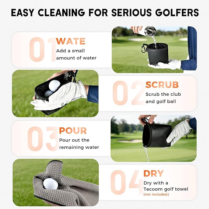 Teccom Golf Club and Ball Cleaning Bag, Golf Cleaner Pouch with Three-Layer Waterproof Fabric Technology, Microfiber Layer, Neoprene, PU Leather Exterior, Detachable Clip, Golfer Gift