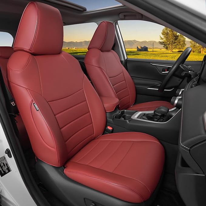HKZ Fit RAV4 Car Seat Cover Set for 2019 2020 2021 2022 2023 2024 Toyota RAV4 Prime,XSE Hybrid & 2022-2024 SE Hybrid - Leather(Burgundy)