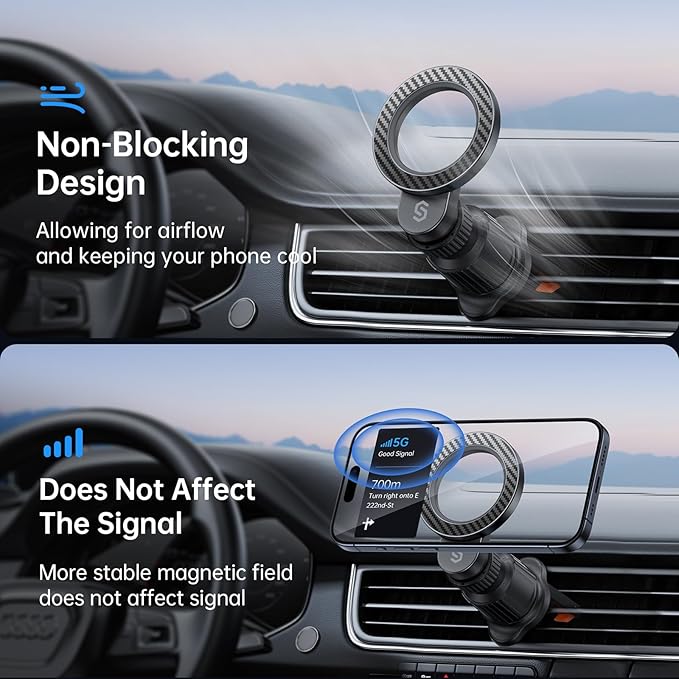 SYNCWIRE for MagSafe Car Holder【Ring Ventilation】【 360° Rotatable】【N55 Magnetic】 Phone Mount for Air Vent, Car Cell Phone Holder Mount Compatible iPhone 17/16 Pro Max 15 14 13 12, Carbon Fiber Style