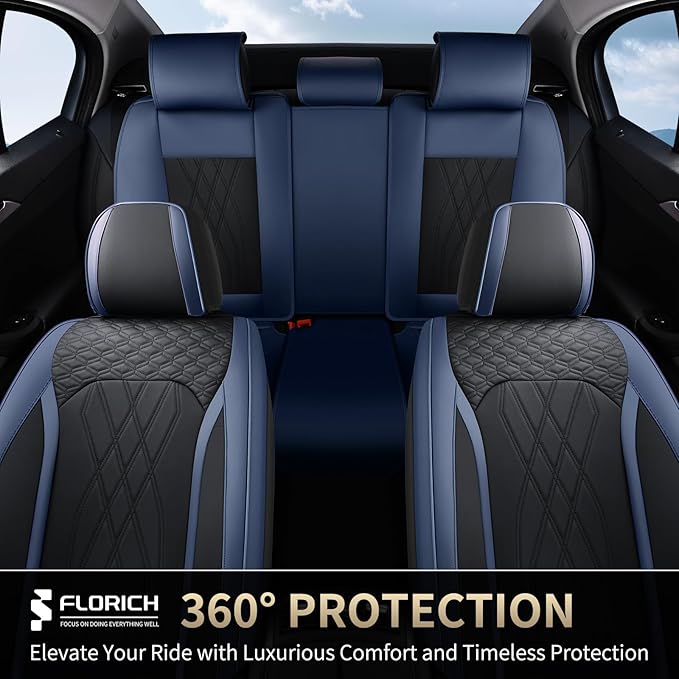 FLORICH Seat Covers Full Set Leather Cars Seat Cover Front and Rear 5 Seats Full Coverage Seat Cushion Protector Waterproof Automotive Interior Cover Universal Fit for Most Cars Trucks SUV, Black&Blue