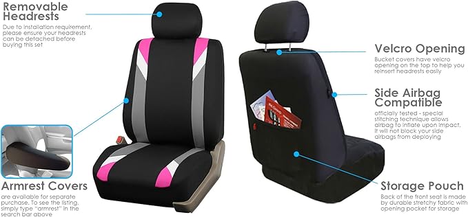 FH Group Car Seat Covers Premium Modernistic Flat Cloth Car Seat Covers Front Seats Only Pink Black, Airbag Compatible Universal Fit Interior Accessories Cars Trucks SUV Car Accessories Protector