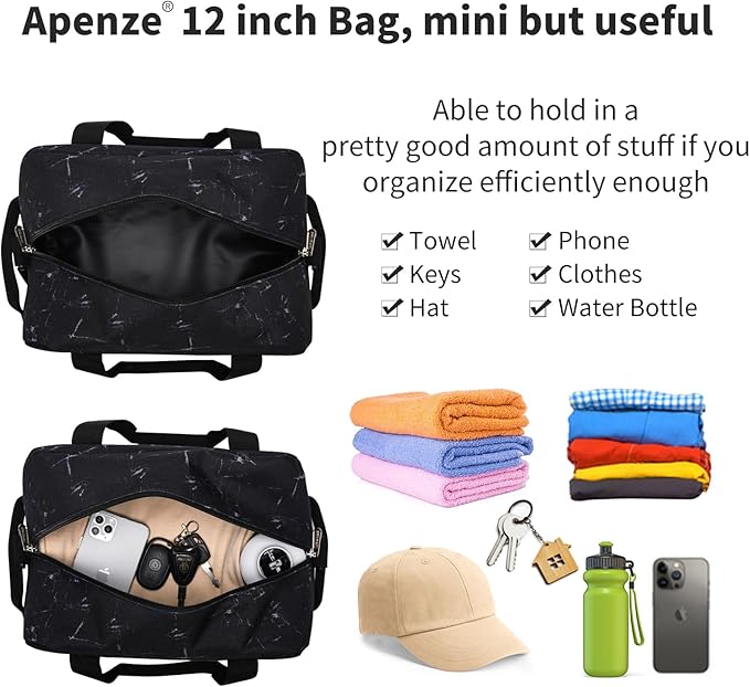 Small Gym Bag Carry On Bag - 12 in Mini Duffle Bag Lightweight for Overnight Travel(Marble Black)
