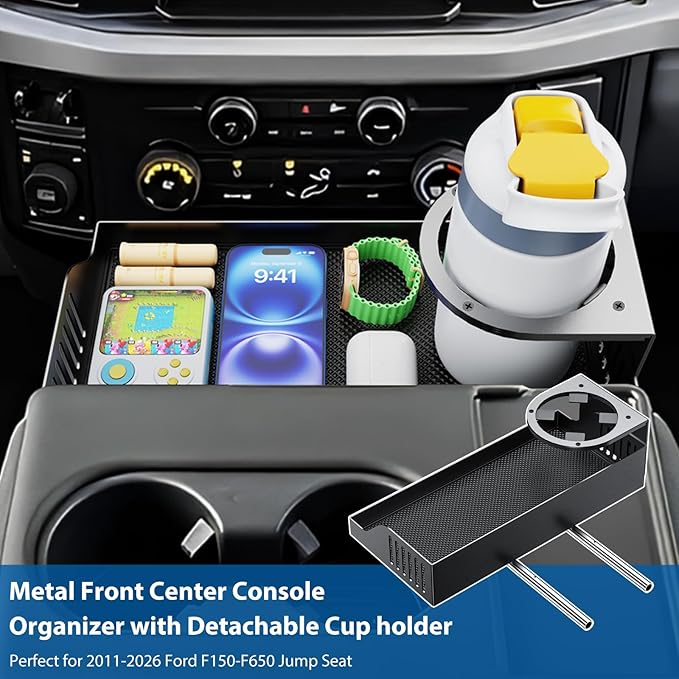 All Metal Front Center Seat Headrest Organizer Compatible with 2011-2025 2026 Ford F150 F250 F350 F450 F550 F650 Accessories, Compartment Tray Container Storage Box with Cup Holder(Jump Seat Only)