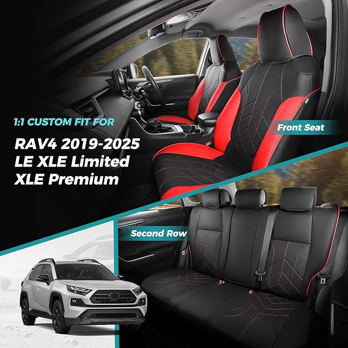 for Toyota RAV4 Seat Covers 2019 2020 2021 2022 2023 2024 2025 RAV 4 Prime & Hybrid XLE LE Limited XLE Premium (Not for XSE/SE Hybrid) - Custom Leather Car Seat Covers Full Set - BlackRed