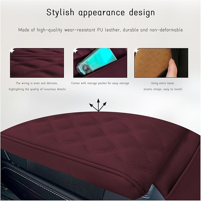 Ziciner Car Center Console Cover, Leather Memory Foam Armrest Cushion Protection Pad, Waterproof Hand Rest Pillow with Height Increase, Universal Accessory for Most Car (Wine Red)