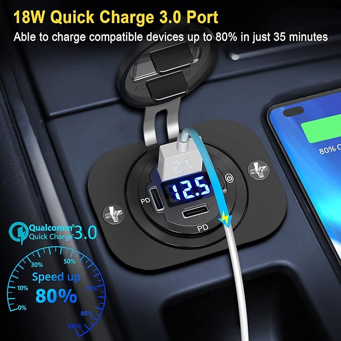 USB C Car Charger Socket 12V USB Outlet 2 Pack: Aluminum Metal 78W Dual PD 30W and 18W QC3.0 Port Multi Charger Outlet with LED Voltmeter Power Switch for RV Motorcycle Boat Marine