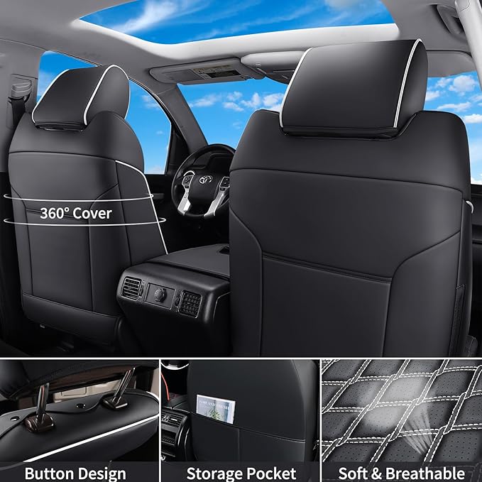 Huidasource Tacoma Front&Back Seat Covers Full Set, Automotive Leather Car Seat Cushion Cover Fit for 2005-2015 Double&Crew Cab 2nd Gen Toyota Tacoma Base SR5 Limited TRD Sport(Full Set/Black&White)