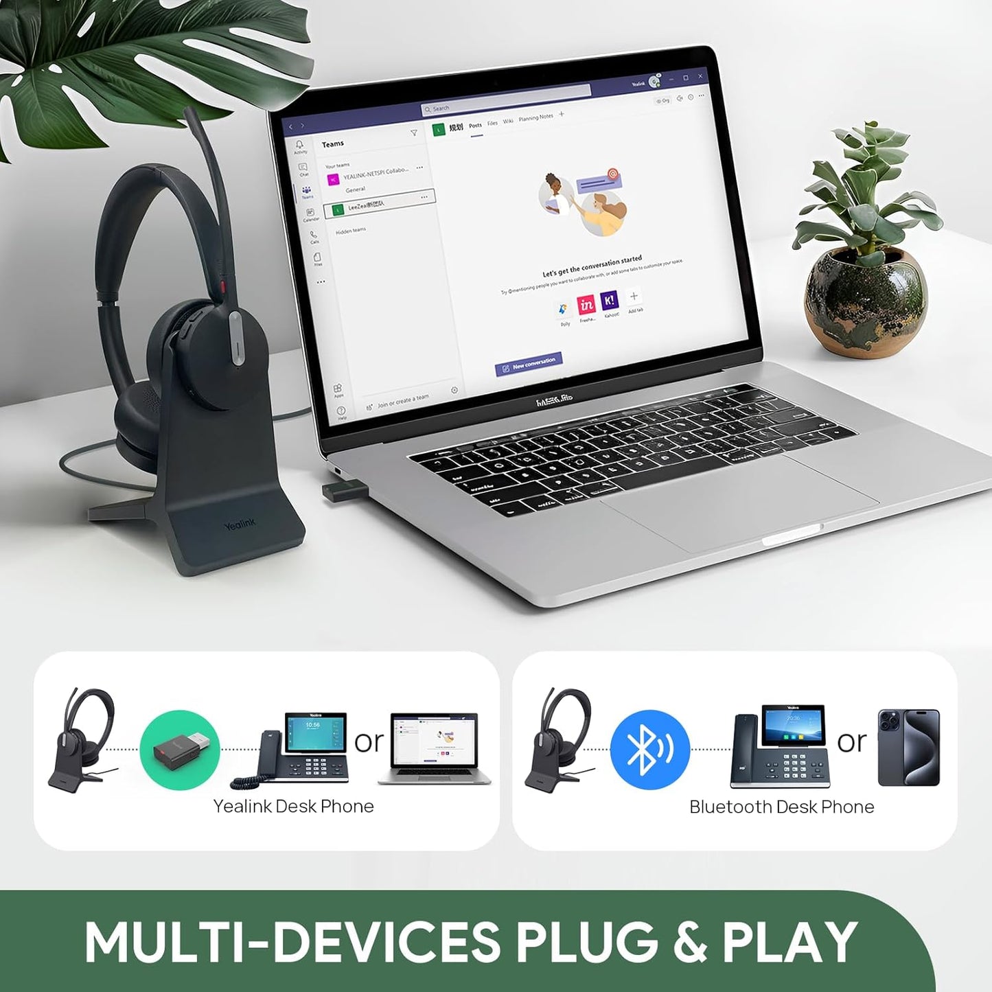 Yealink WH64 Hybrid DECT& Bluetooth Wireless Headset,492ft Range Dual Teams UC Zoom Headphones with DECT Dongle&Charging Stand, 3X Noise Cancelling Mic, 32H Talk Time,Headsets for PC,Phone,Laptop