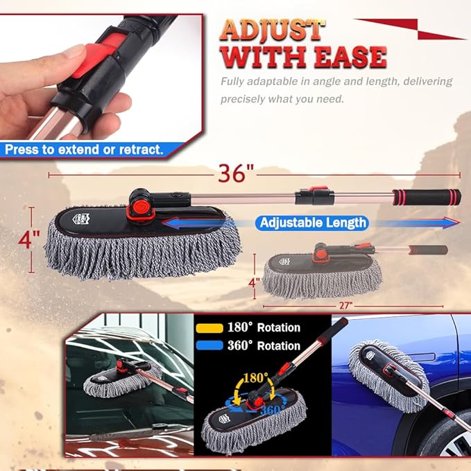 Car Duster Exterior Scratch Free - 27-36" Extendable Handle Microfiber Auto Dusting Brush for SUV, RV, Truck, Motorcycle & Dashboard, Storage Bag Included