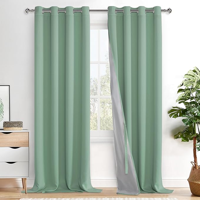 XWZO 100% Blackout Curtains 2 Panels with Tiebacks- Extra Long Heat and Full Light Blocking Window Treatment with Grommets for Bedroom/Nursery, Light Sage, W52 x L108 Inches Long, Set of 2
